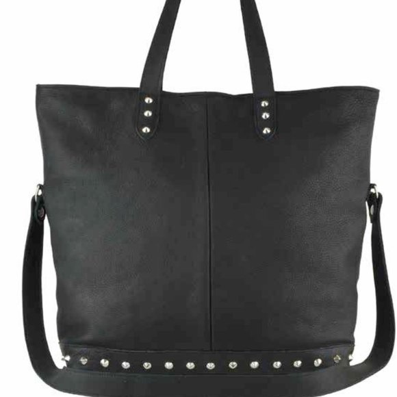 JJ Winters New Black Studded Fold Over Tote Handbag - Picture 1 of 3